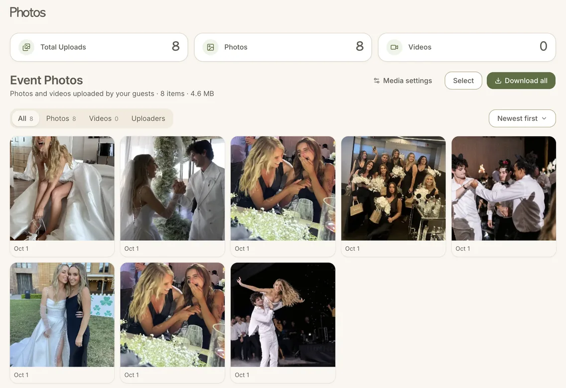 The host's Event Photos page: 8 uploads, Select and Download all buttons, tabs for All, Photos, Videos and Uploaders, and a grid of guest photos.