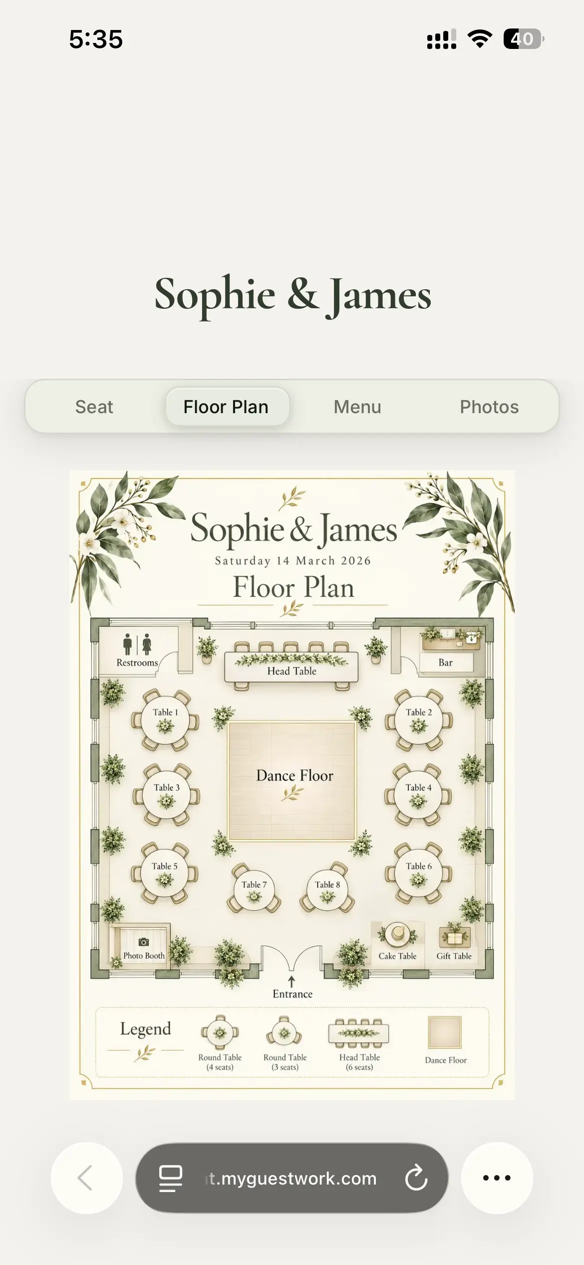 Guest page showing the wedding floor plan with numbered tables