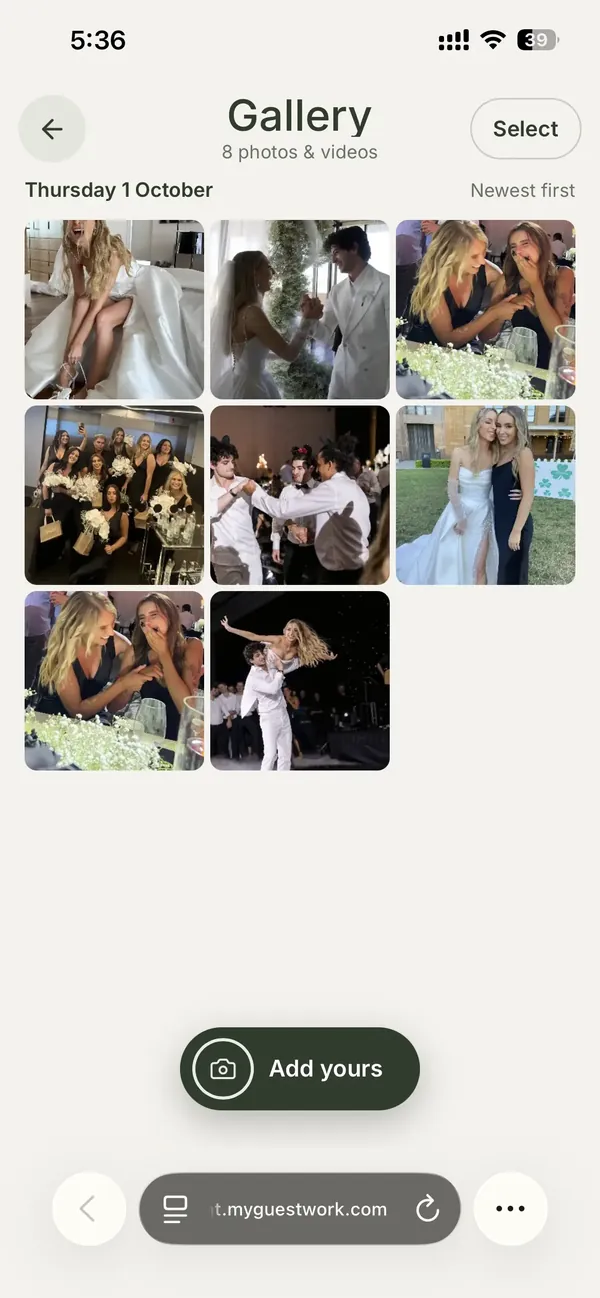 The shared guest gallery on a phone: Gallery, 8 photos and videos, a grid of wedding photos from guests, and an Add yours button.