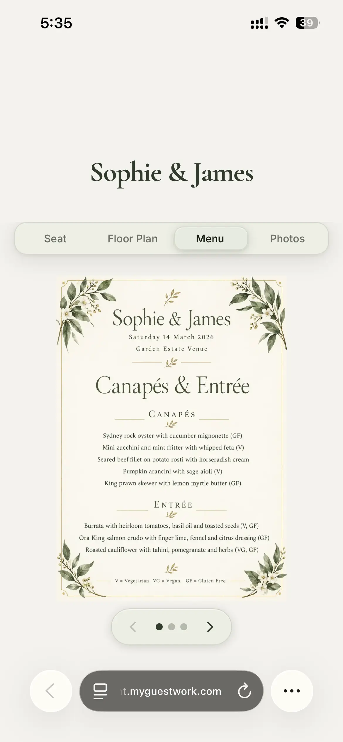Guest page showing the wedding menu