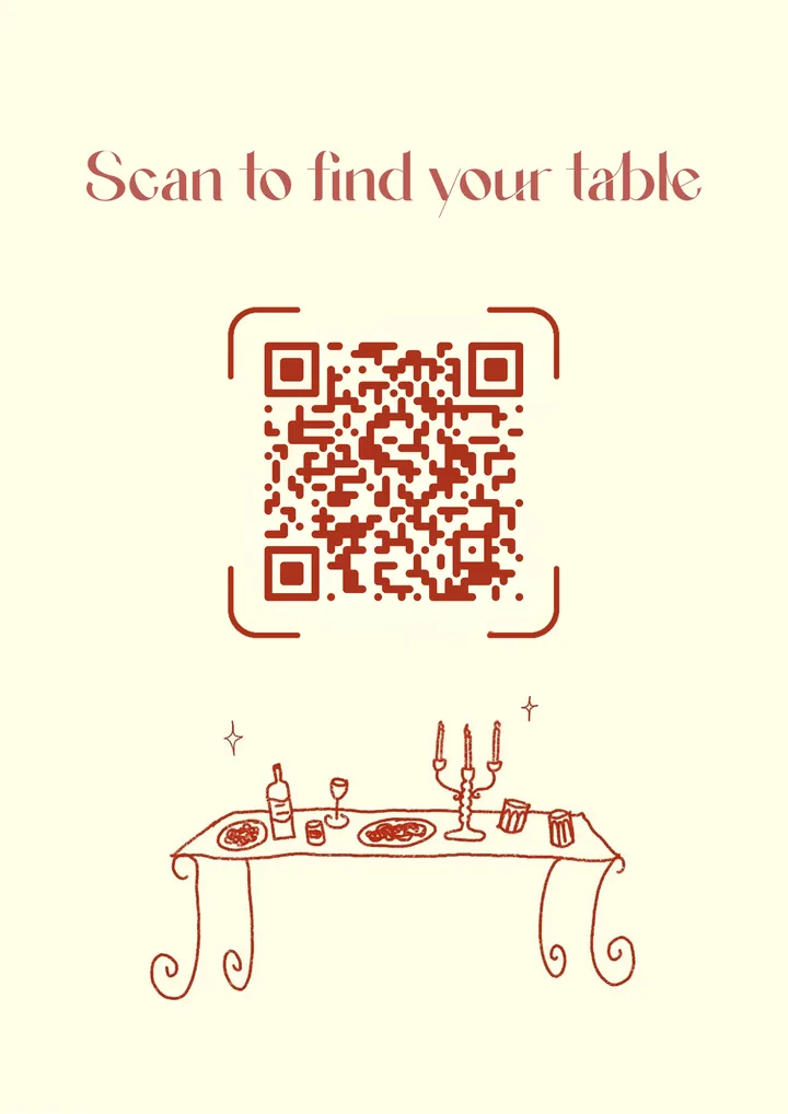 Event sign with a QR code: Scan to find your table