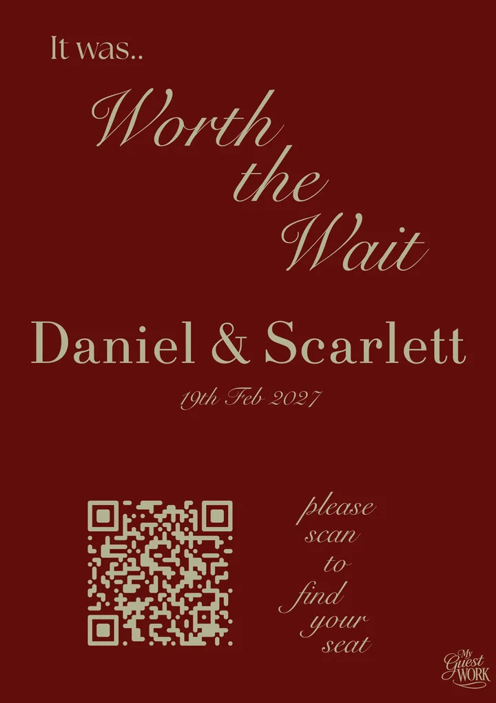 Deep red wedding sign for Daniel and Scarlett with a QR code to find your seat