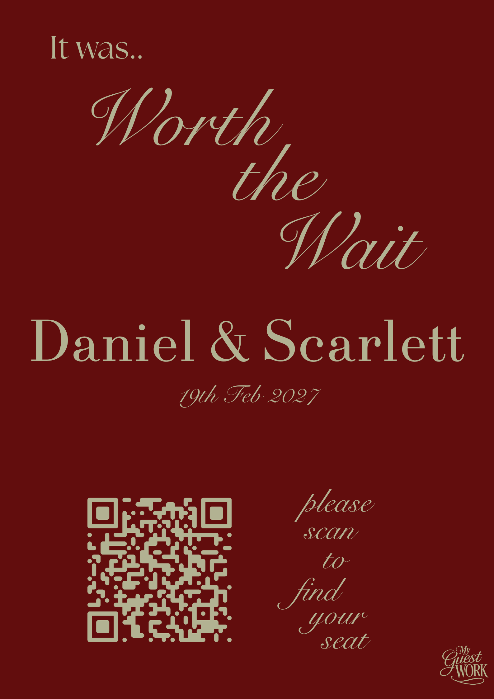 Modern event signage with QR code seating chart