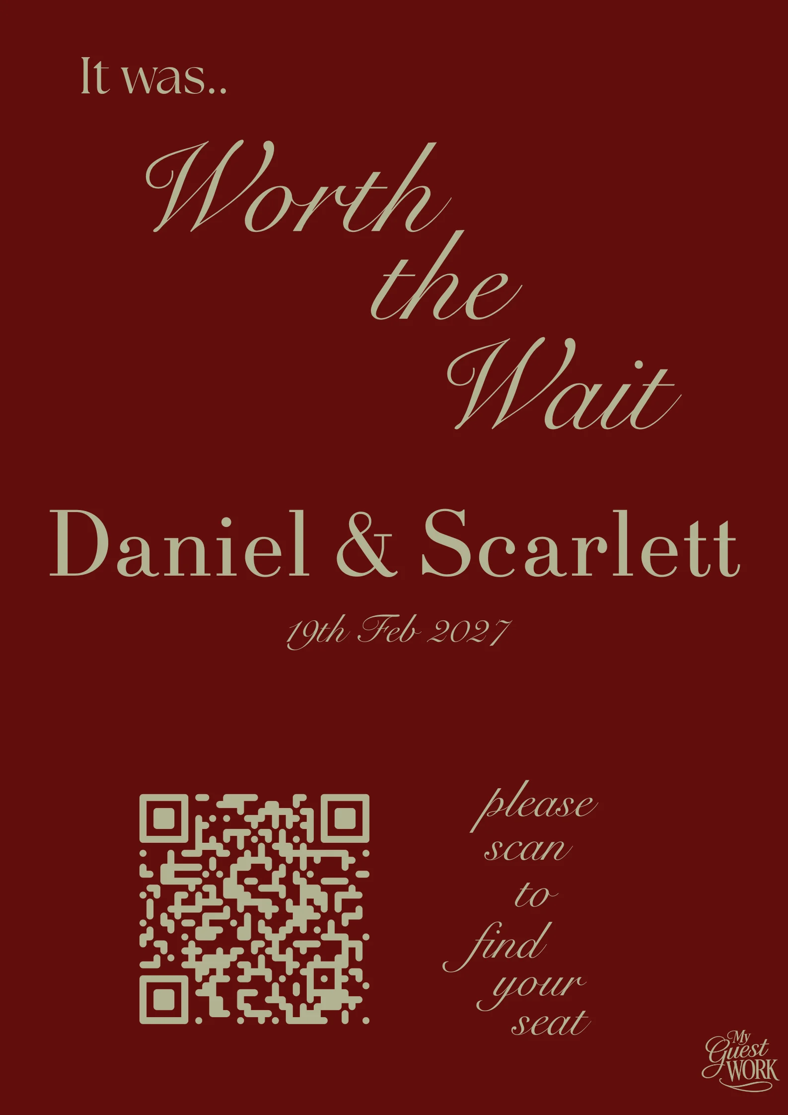 Modern event signage with QR code seating chart