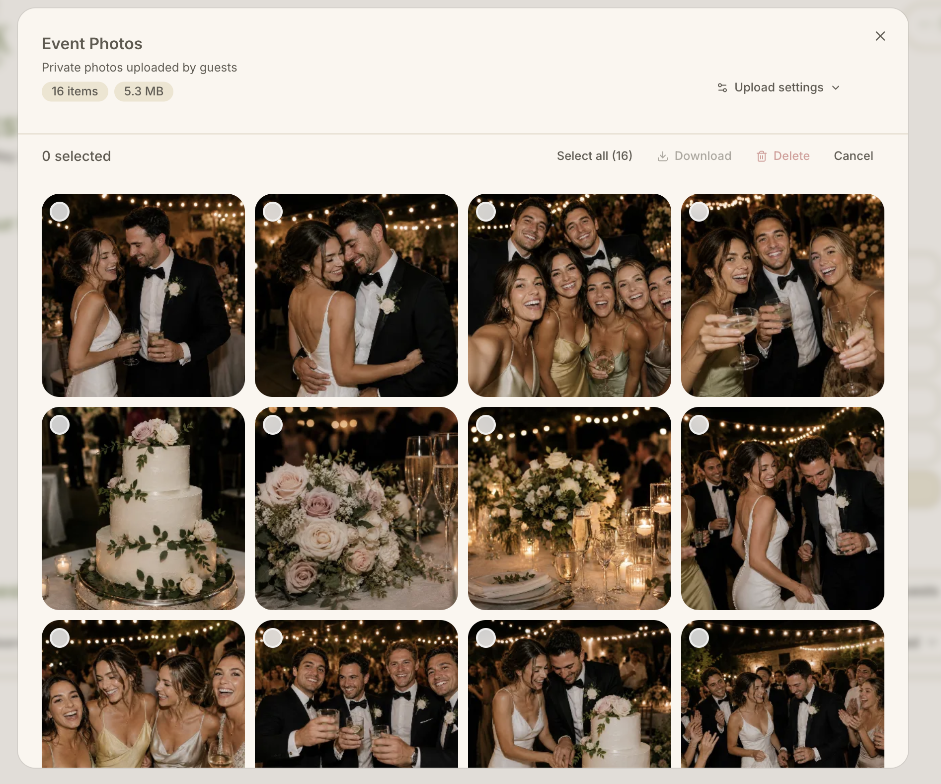 Private event photo gallery with guest uploads
