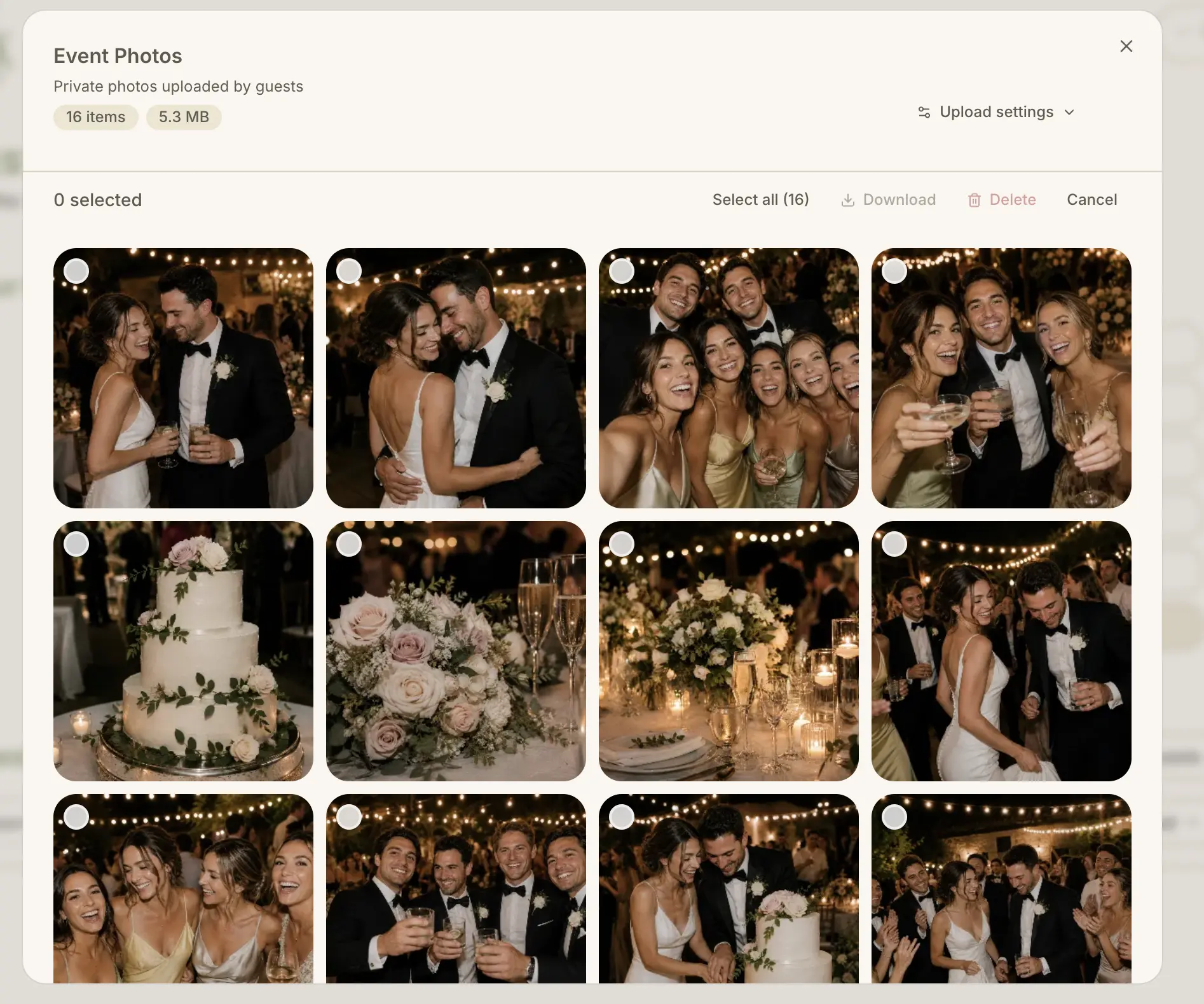 Private event photo gallery with guest uploads