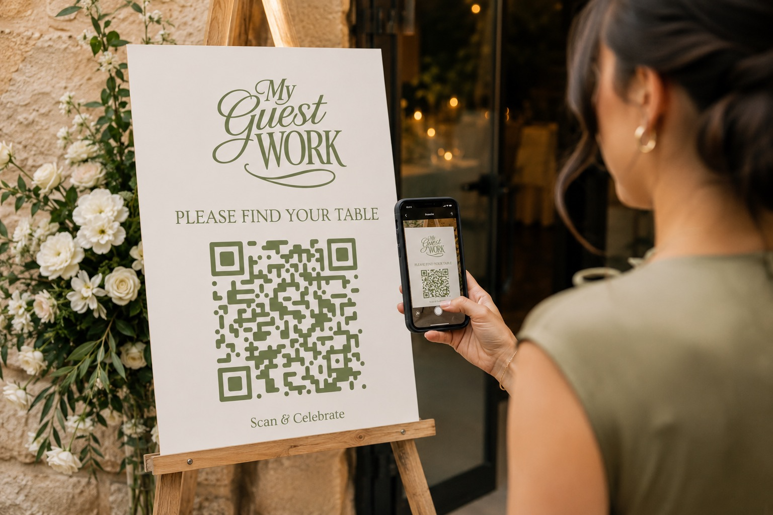 Guest scanning QR code seating chart at a wedding