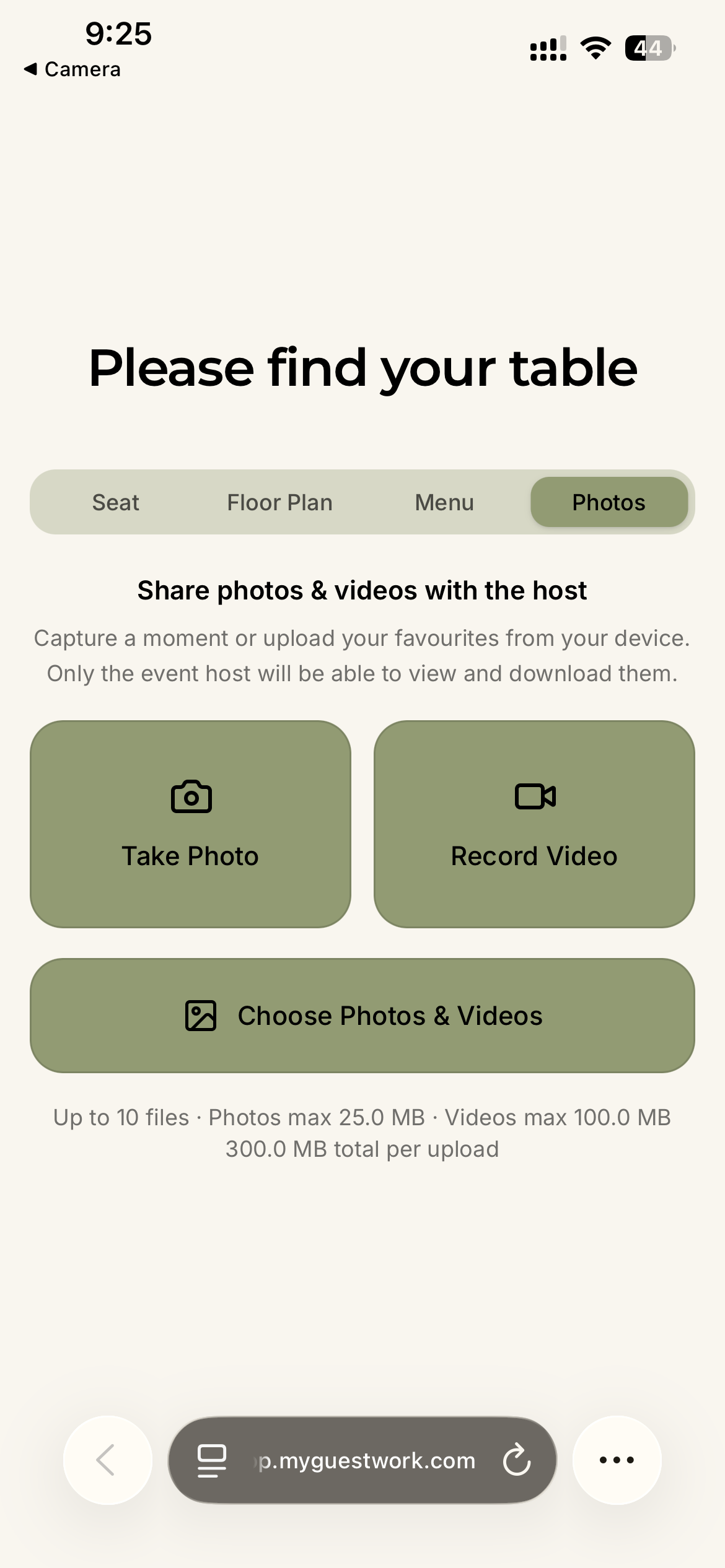 Guest photo upload page for a wedding QR code